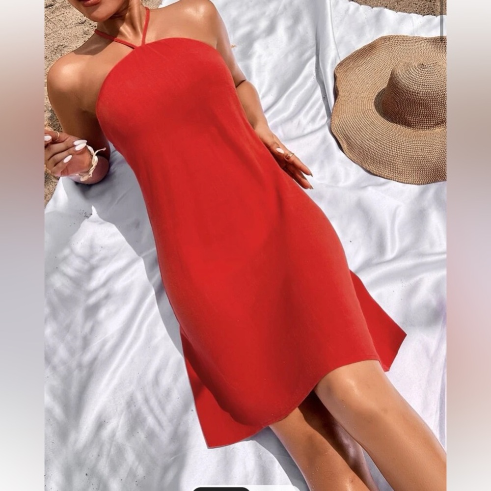 Criss cross back red high neck cami dress